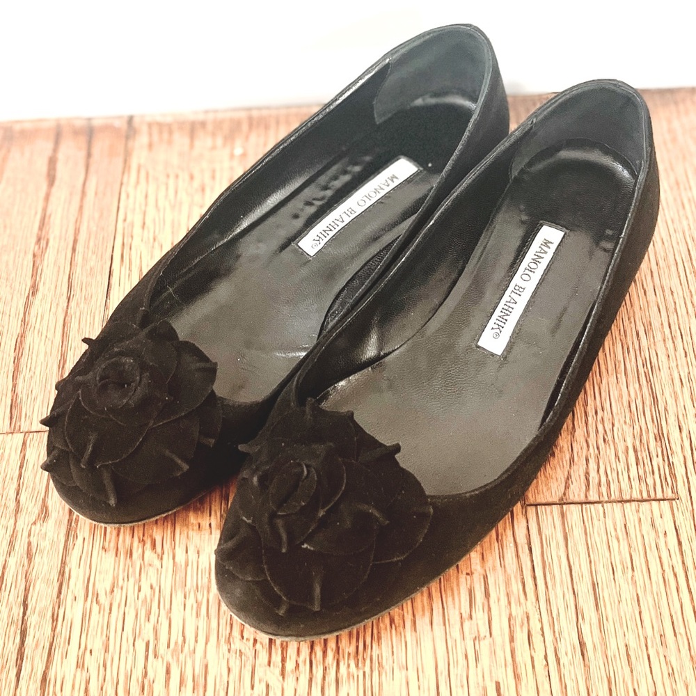 Manolo Blahnik black suede Gisella Ballerina Flats